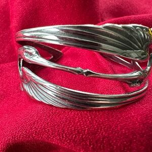 Art Nouveau Sterling Silver Double Kissing Cranes Heron Cuff Bracelet